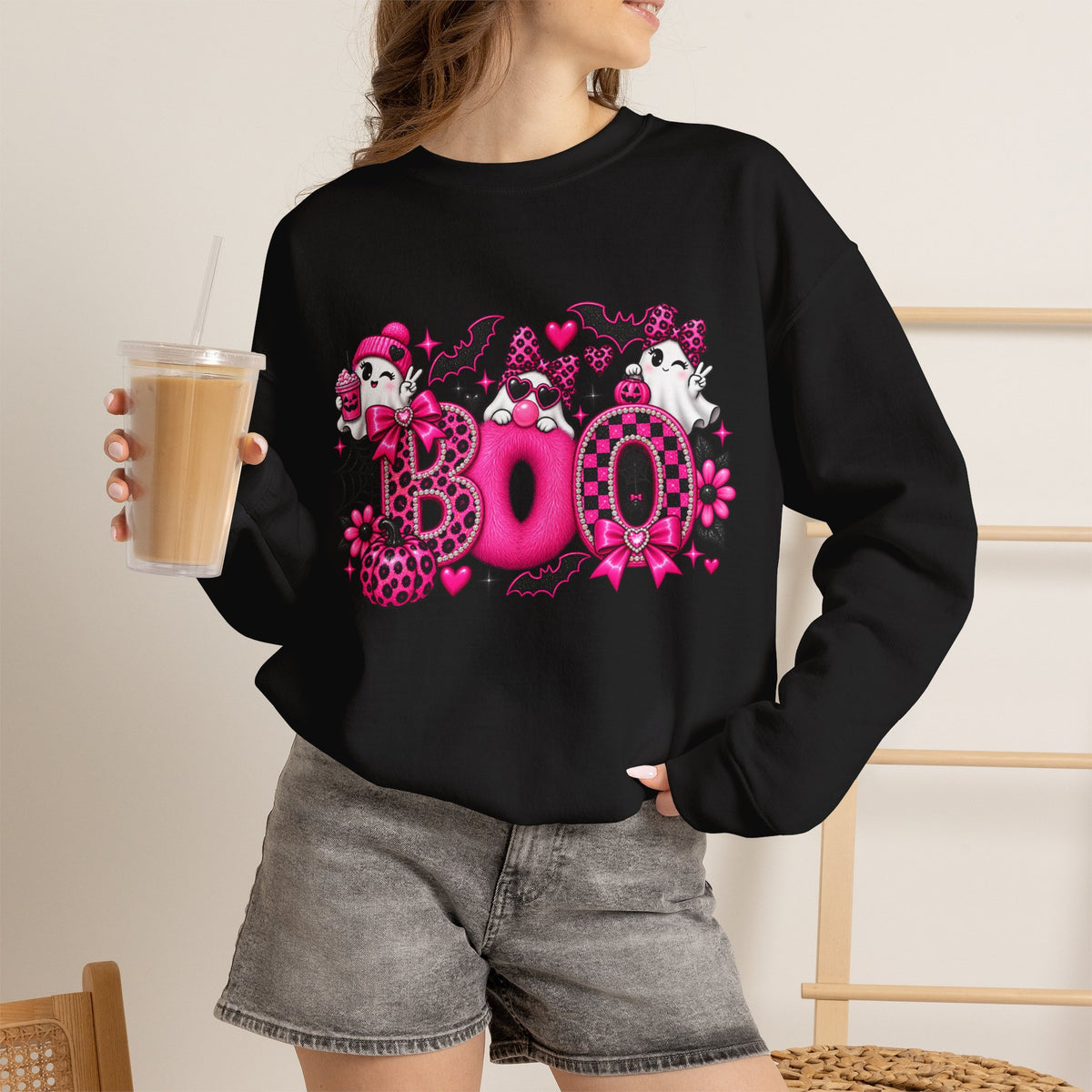 Halloween 'Boo' Graphic Sweatshirt — Cute Pink Ghosts & Bats Cozy Pullover