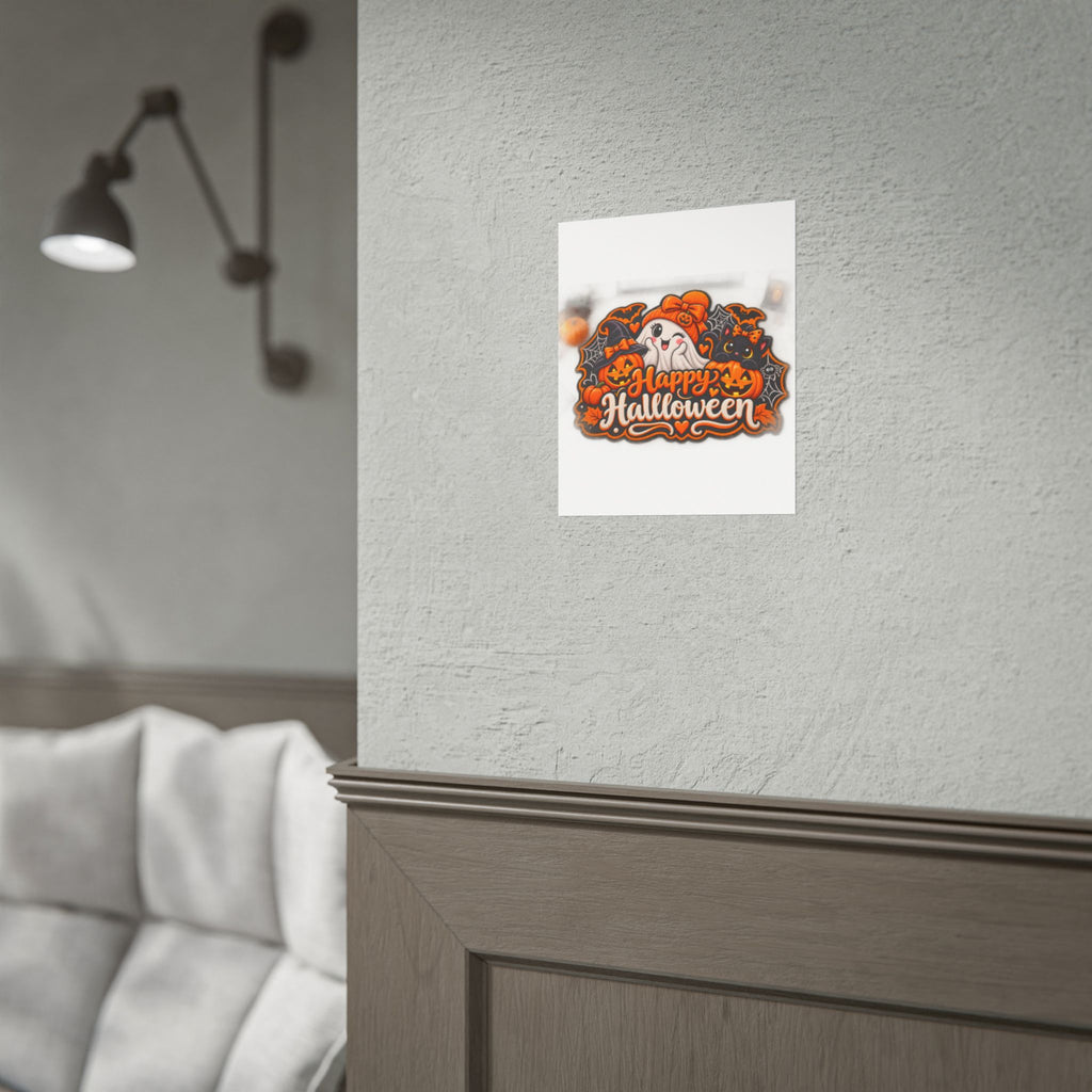 Happy Halloween Rolled Poster — Cute Ghost, Pumpkins & Black Cat Halloween Wall Art