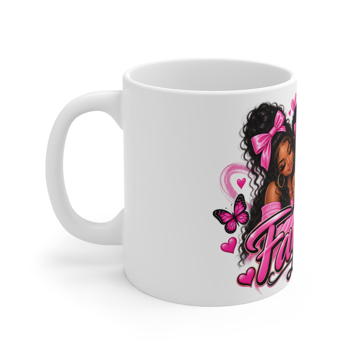 Family Love Mug — Black Family Coffee Cup with Pink Heart & Butterfly Design (11oz)