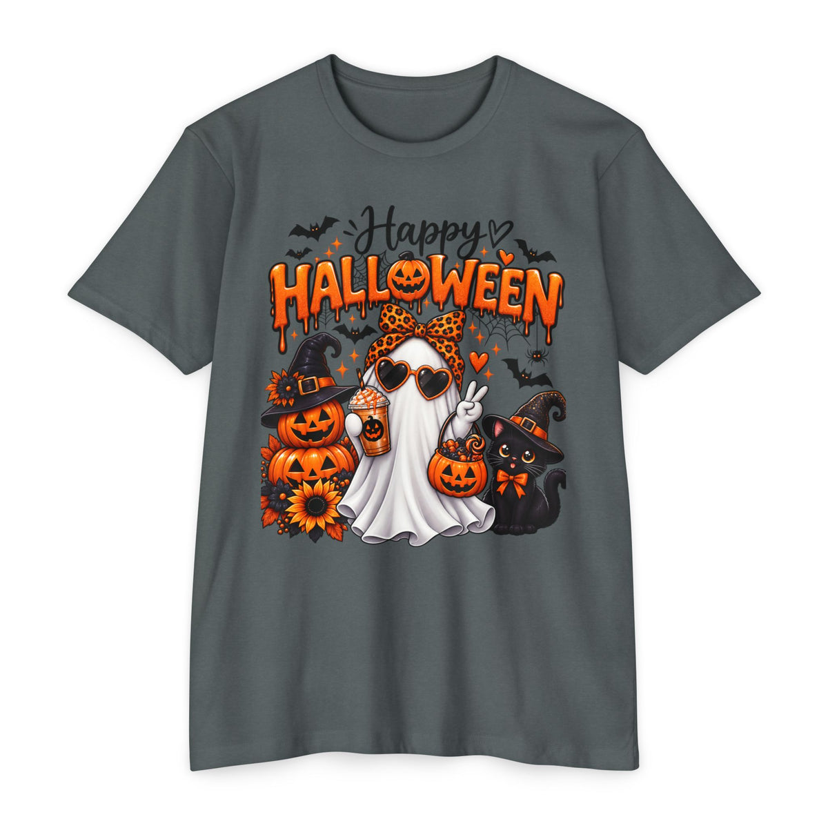 Halloween Ghost Tee - "Happy Halloween" Cute Pumpkin & Black Cat Graphic T-Shirt