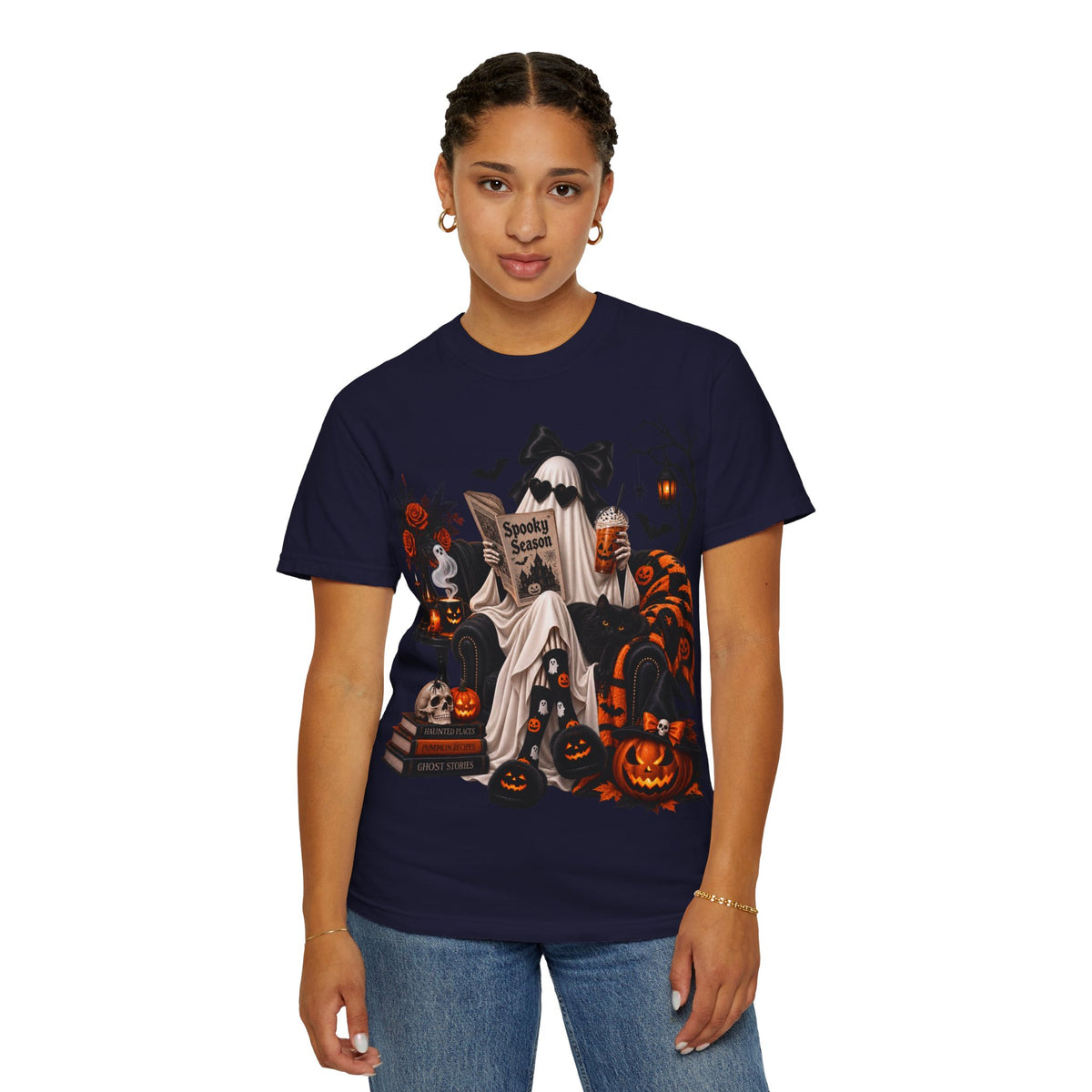 Halloween Ghost Reading T-Shirt — Spooky Pumpkin & 'Spooky Season' Graphic