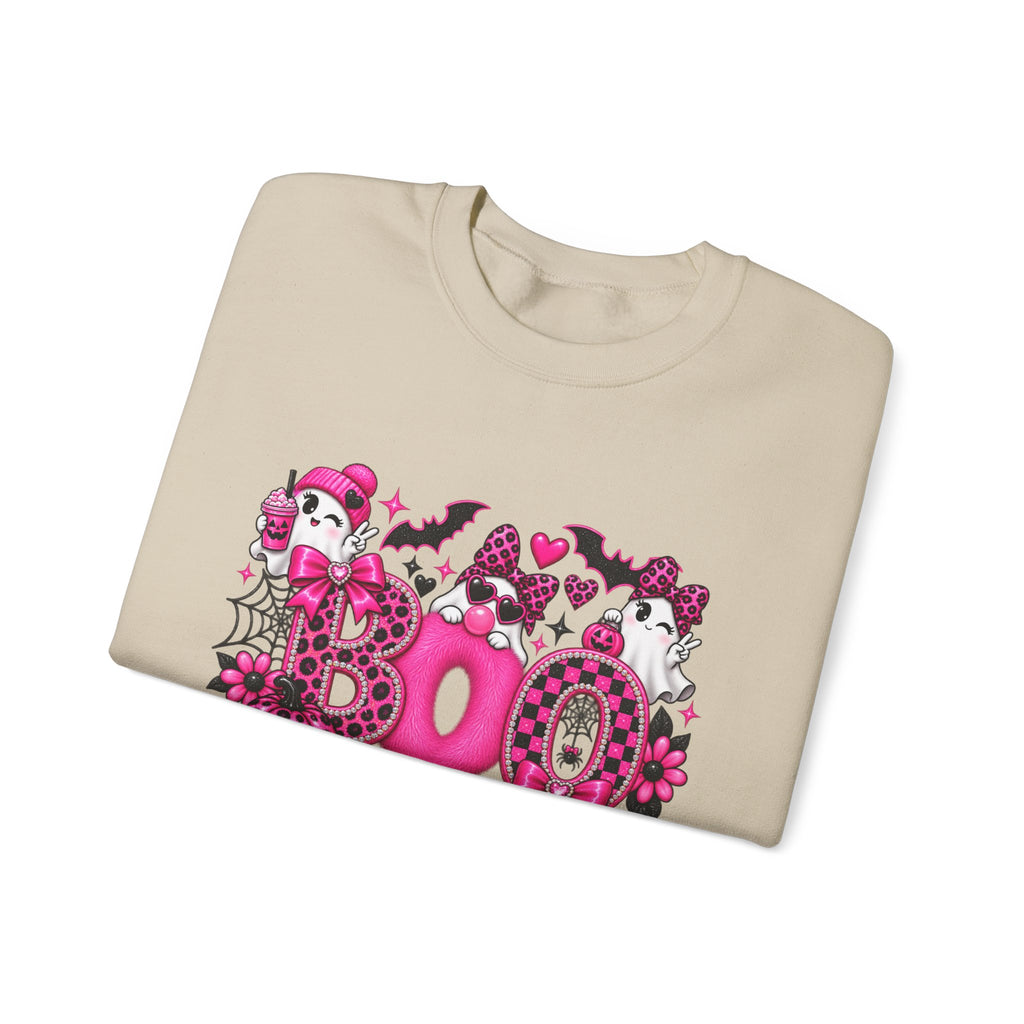 Halloween 'Boo' Graphic Sweatshirt — Cute Pink Ghosts & Bats Cozy Pullover