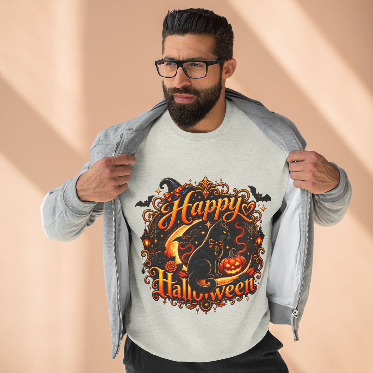 Happy Halloween Crewneck Sweatshirt — Festive Pumpkin & Witch Hat Holiday Sweater