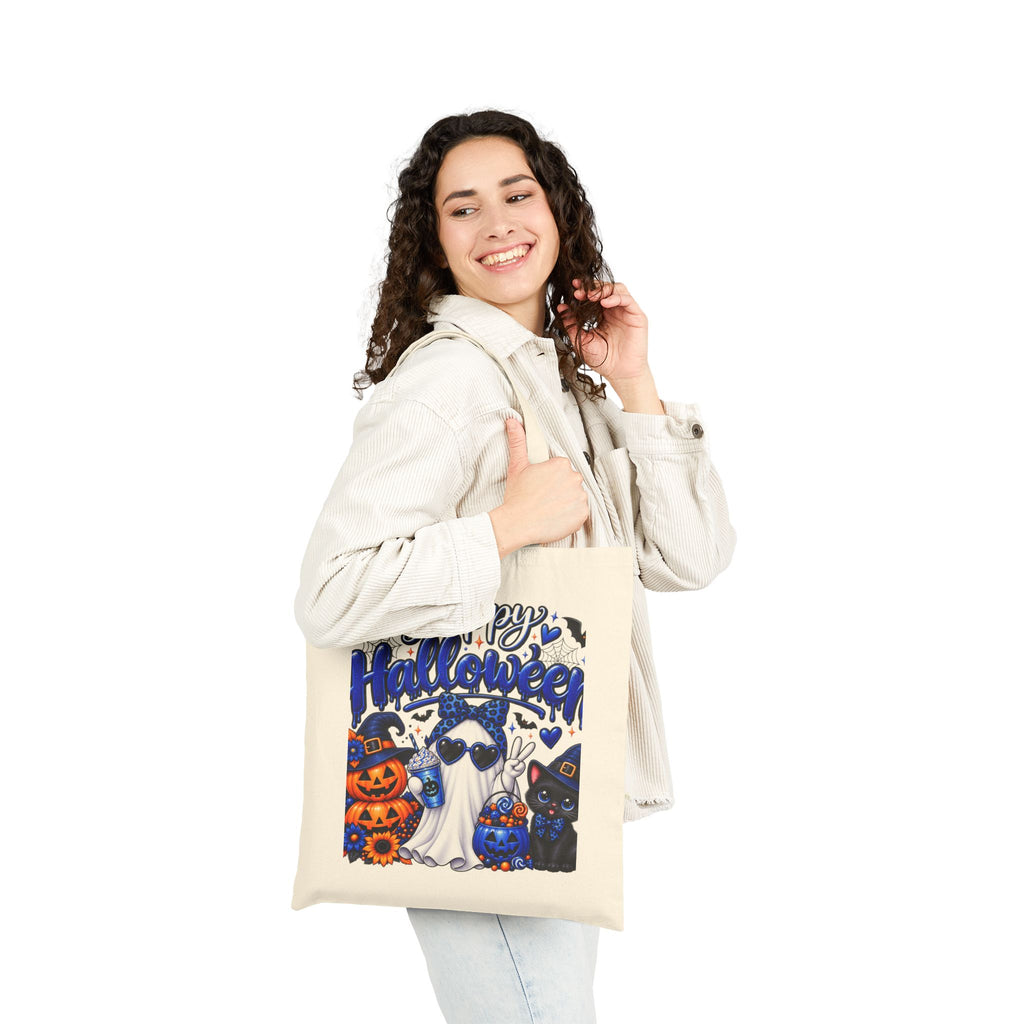Halloween Ghost & Cats Cotton Tote Bag — "Happy Halloween" Trick-or-Treat Canvas Shopper