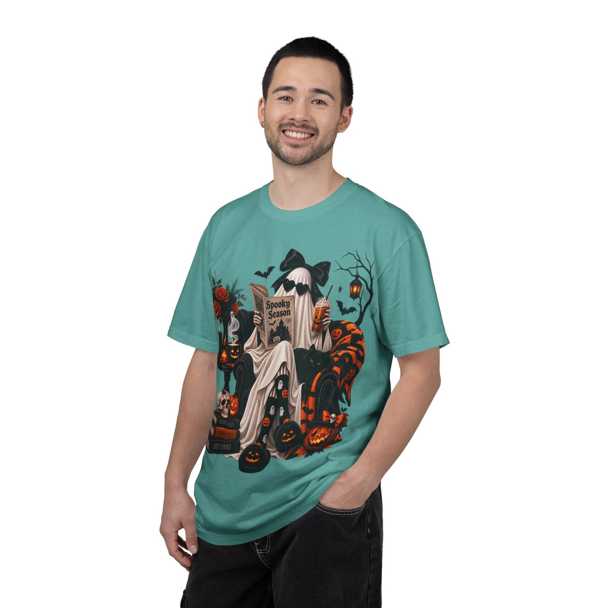 Halloween Ghost Reading T-Shirt — Spooky Pumpkin & 'Spooky Season' Graphic