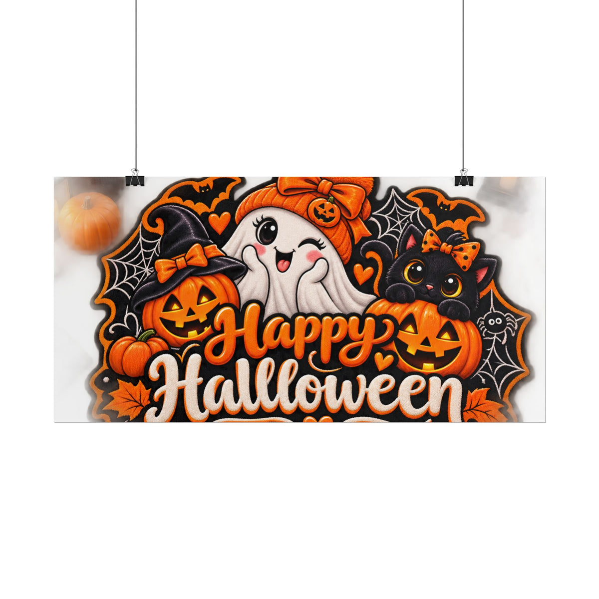 Happy Halloween Rolled Poster — Cute Ghost, Pumpkins & Black Cat Halloween Wall Art