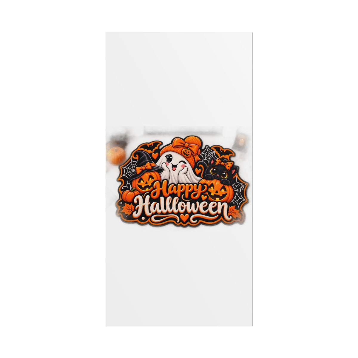 Happy Halloween Rolled Poster — Cute Ghost, Pumpkins & Black Cat Halloween Wall Art