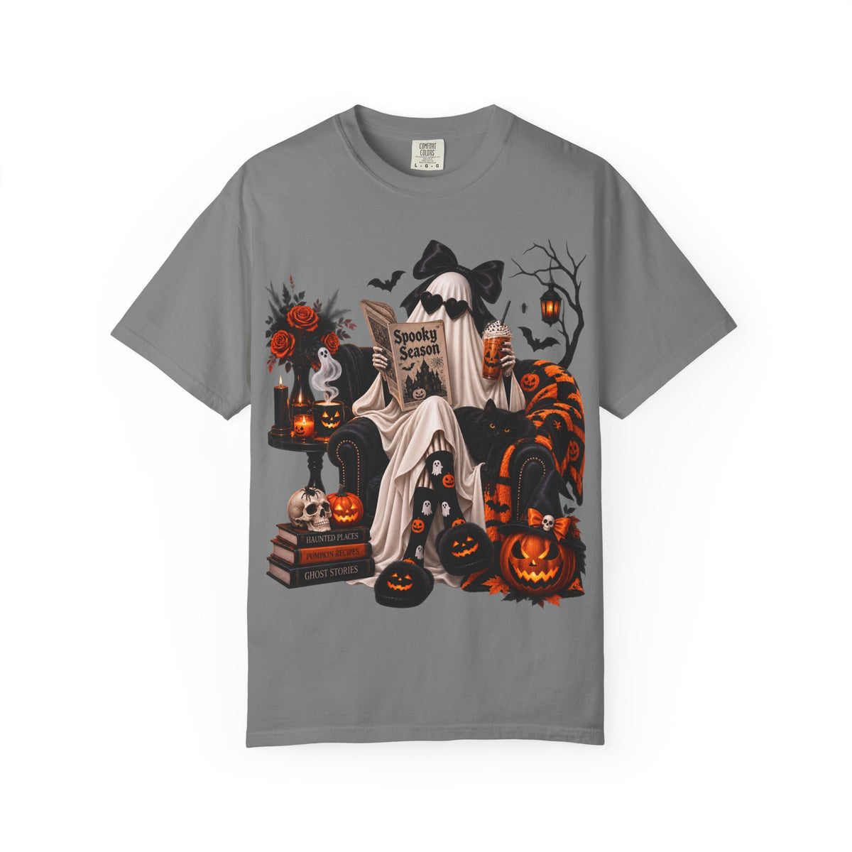 Halloween Ghost Reading T-Shirt — Spooky Pumpkin & 'Spooky Season' Graphic