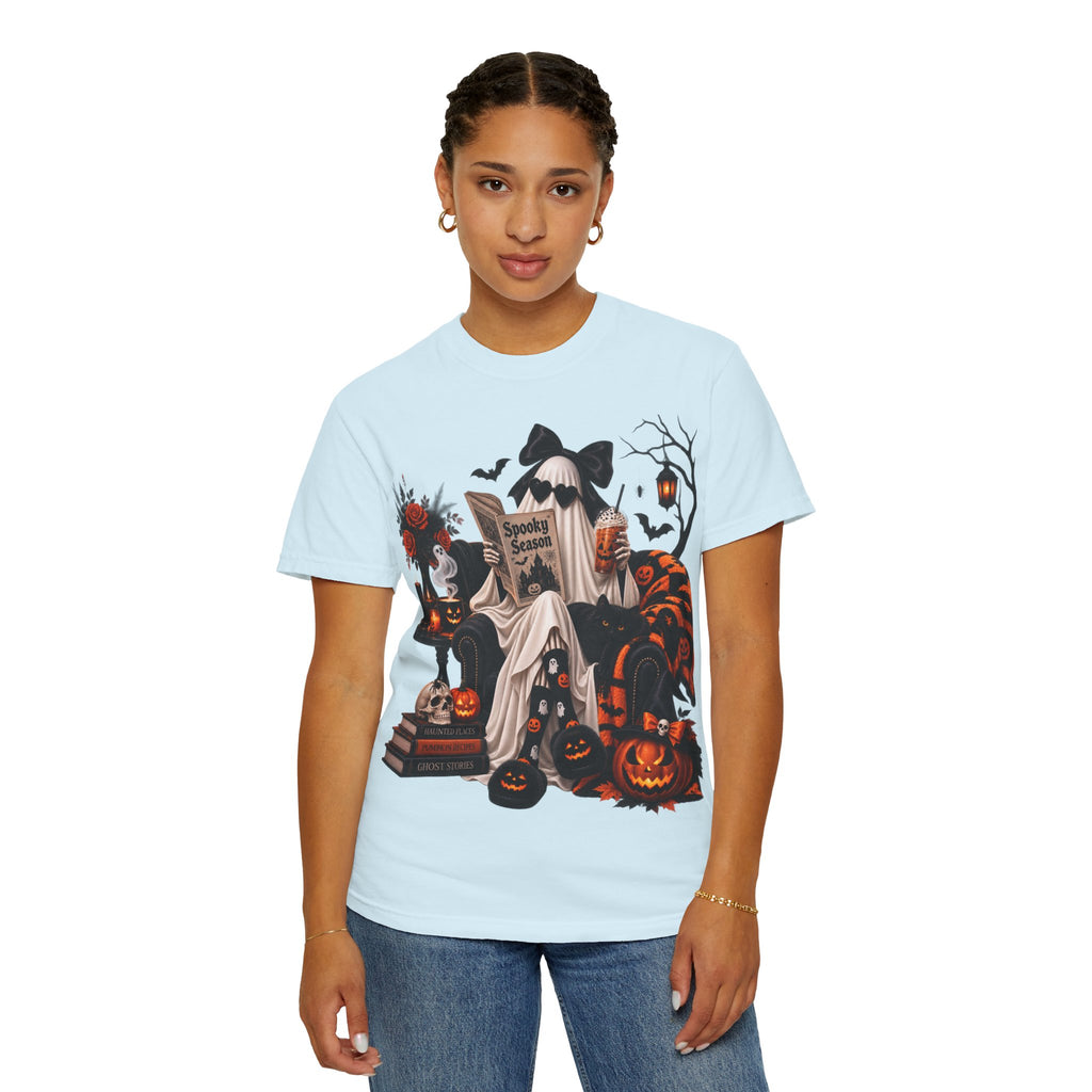 Halloween Ghost Reading T-Shirt — Spooky Pumpkin & 'Spooky Season' Graphic