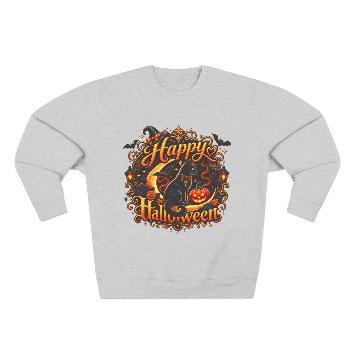 Happy Halloween Crewneck Sweatshirt — Festive Pumpkin & Witch Hat Holiday Sweater