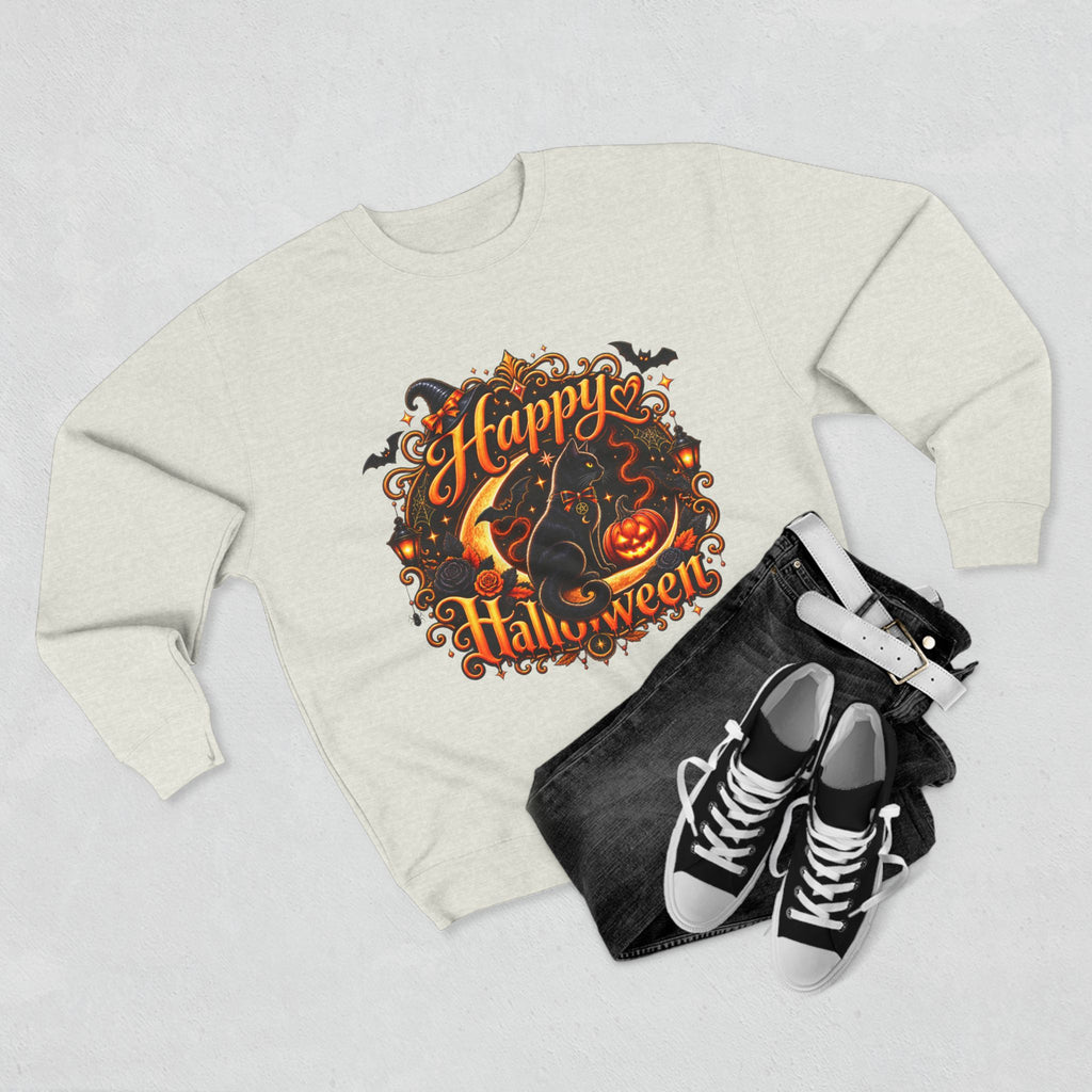 Happy Halloween Crewneck Sweatshirt — Festive Pumpkin & Witch Hat Holiday Sweater