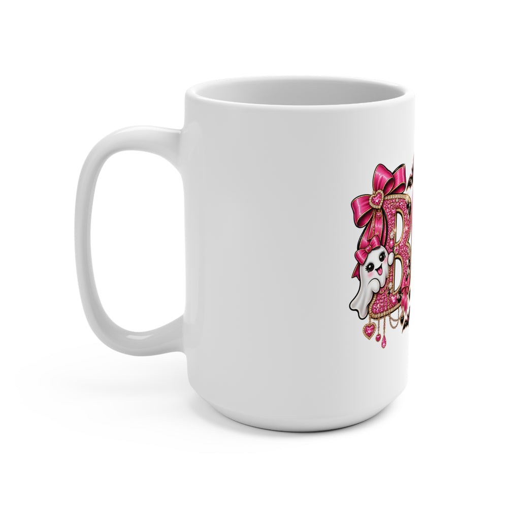 Halloween “Boo” Pink Leopard Ghost Mug — 15oz Cute Goth Coffee Cup