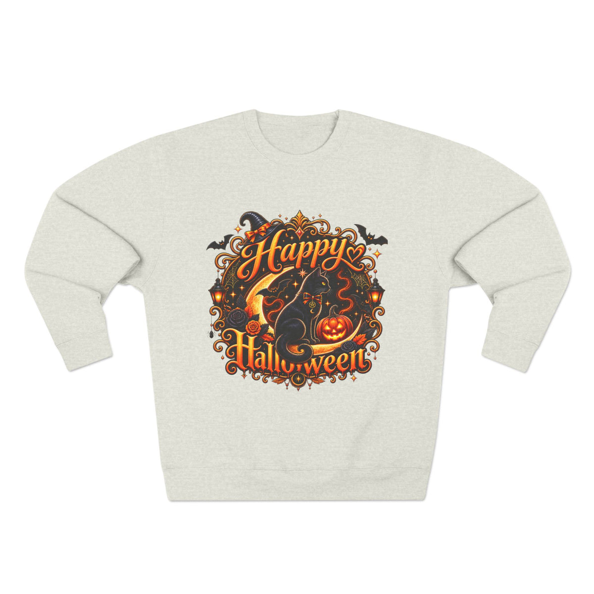Happy Halloween Crewneck Sweatshirt — Festive Pumpkin & Witch Hat Holiday Sweater