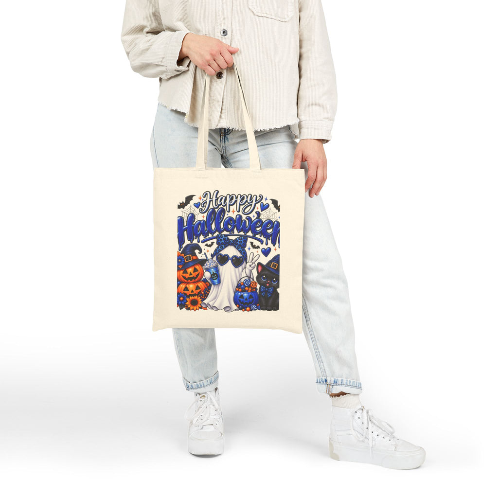 Halloween Ghost & Cats Cotton Tote Bag — "Happy Halloween" Trick-or-Treat Canvas Shopper