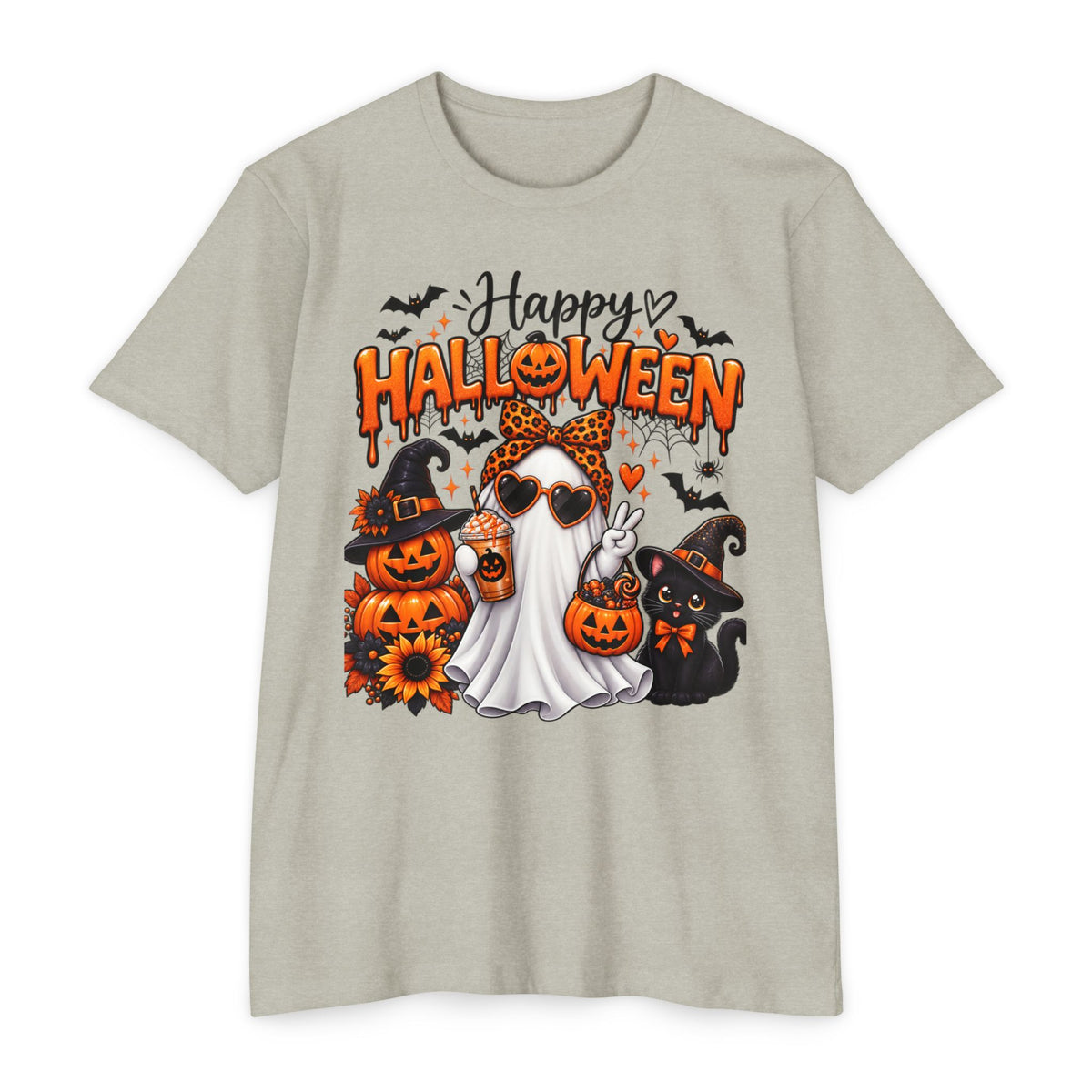 Halloween Ghost Tee - "Happy Halloween" Cute Pumpkin & Black Cat Graphic T-Shirt