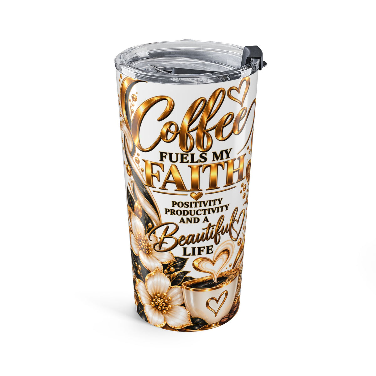 20oz Gold Floral Heart Tumbler – Sparkling Coffee Travel Cup