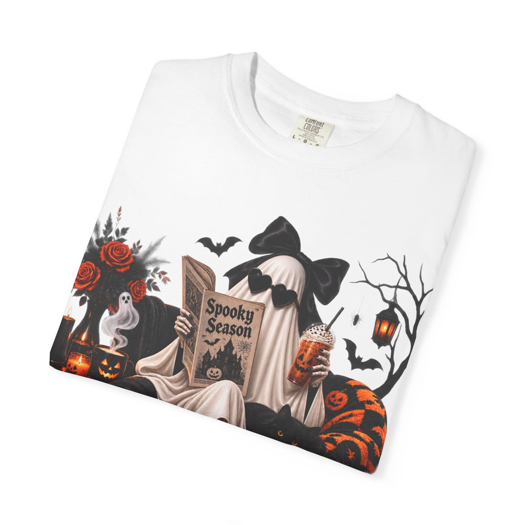 Halloween Ghost Reading T-Shirt — Spooky Pumpkin & 'Spooky Season' Graphic