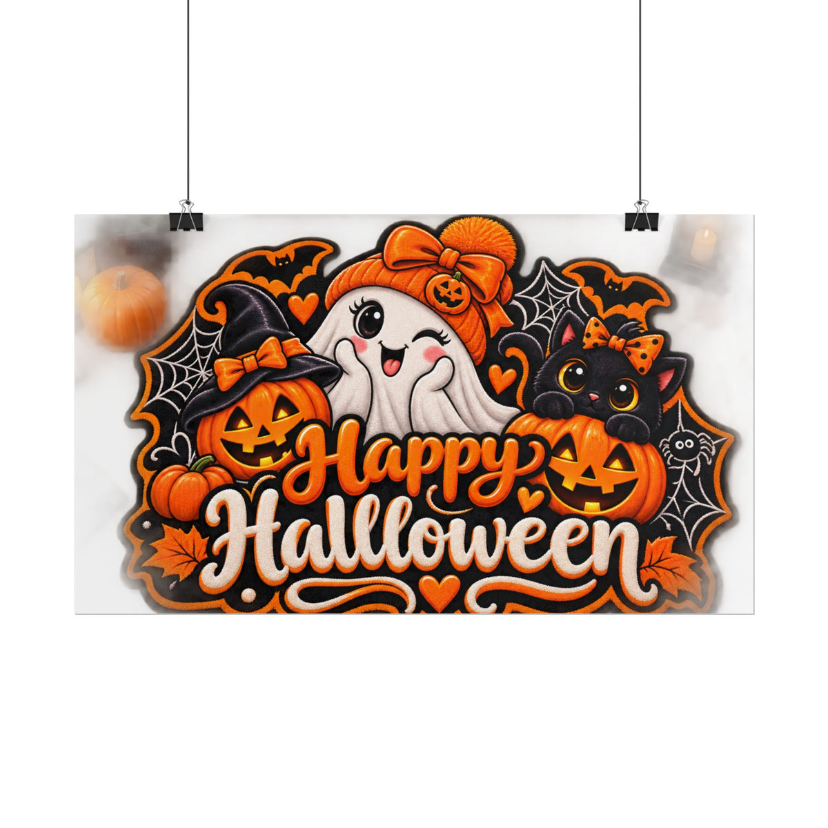 Happy Halloween Rolled Poster — Cute Ghost, Pumpkins & Black Cat Halloween Wall Art