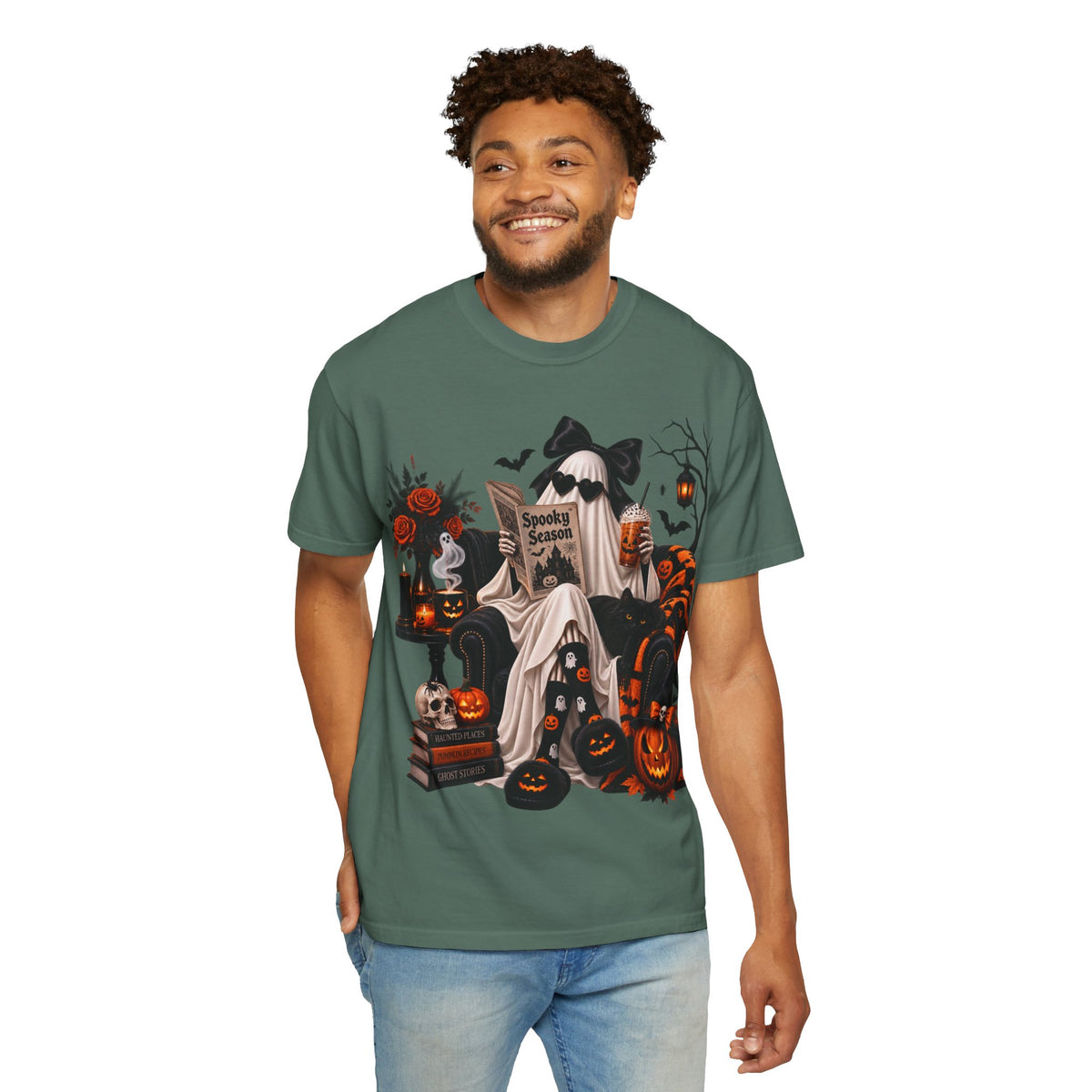 Halloween Ghost Reading T-Shirt — Spooky Pumpkin & 'Spooky Season' Graphic