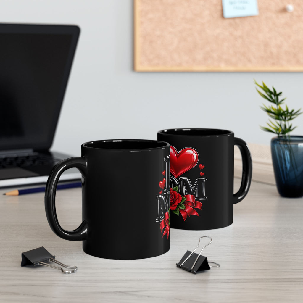 I Heart Mom Black Mug — 'I  Mom' Rose Gift Mug for Mother's Day