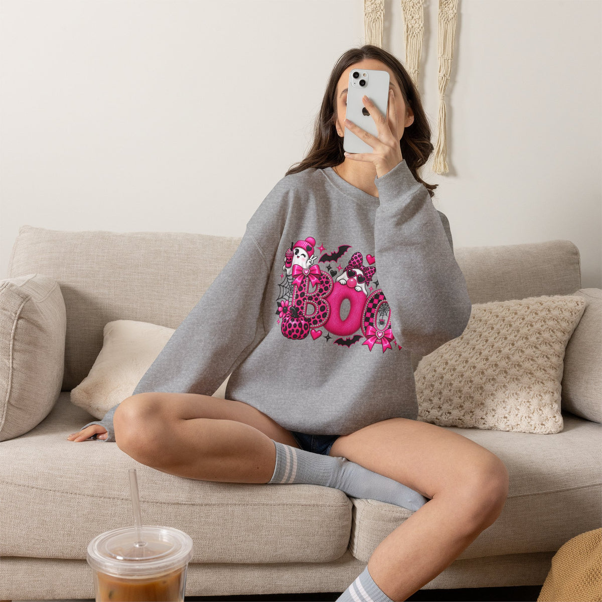 Halloween 'Boo' Graphic Sweatshirt — Cute Pink Ghosts & Bats Cozy Pullover