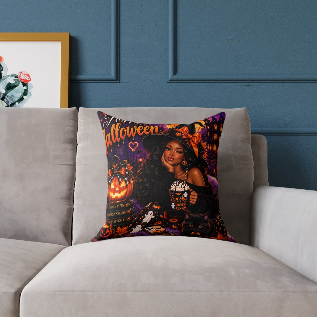 Halloween Pumpkin Pillow - "Happy Halloween" Square Decorative Throw Pillow