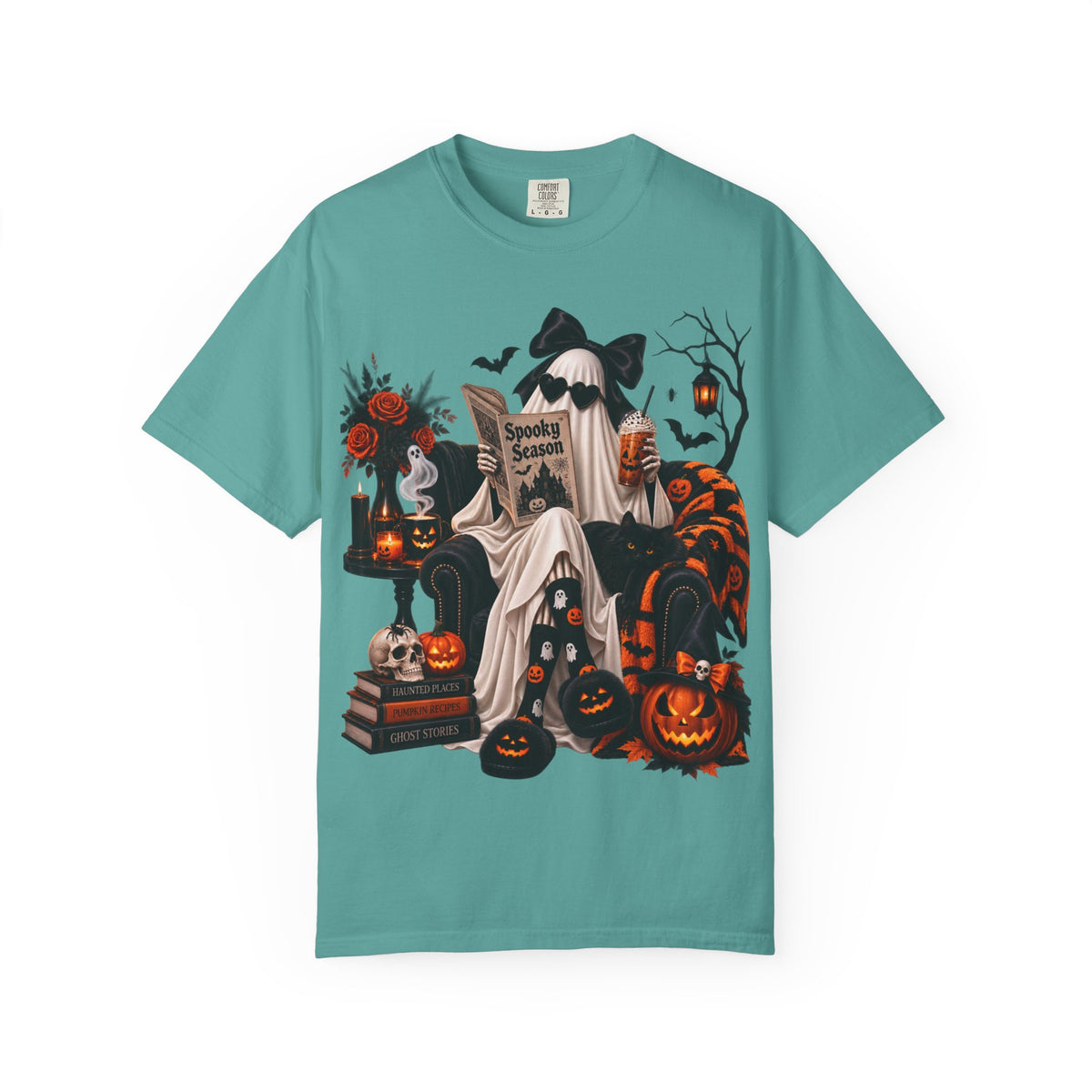 Halloween Ghost Reading T-Shirt — Spooky Pumpkin & 'Spooky Season' Graphic