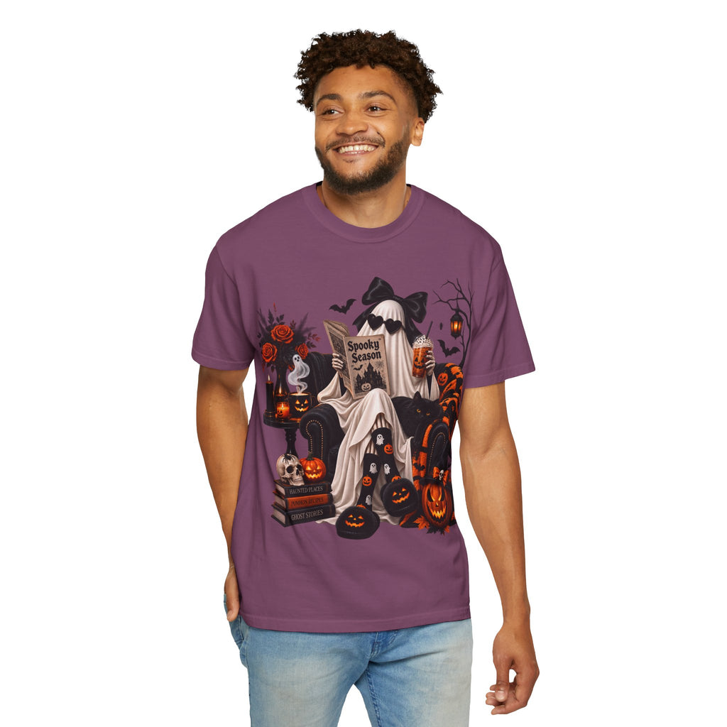 Halloween Ghost Reading T-Shirt — Spooky Pumpkin & 'Spooky Season' Graphic