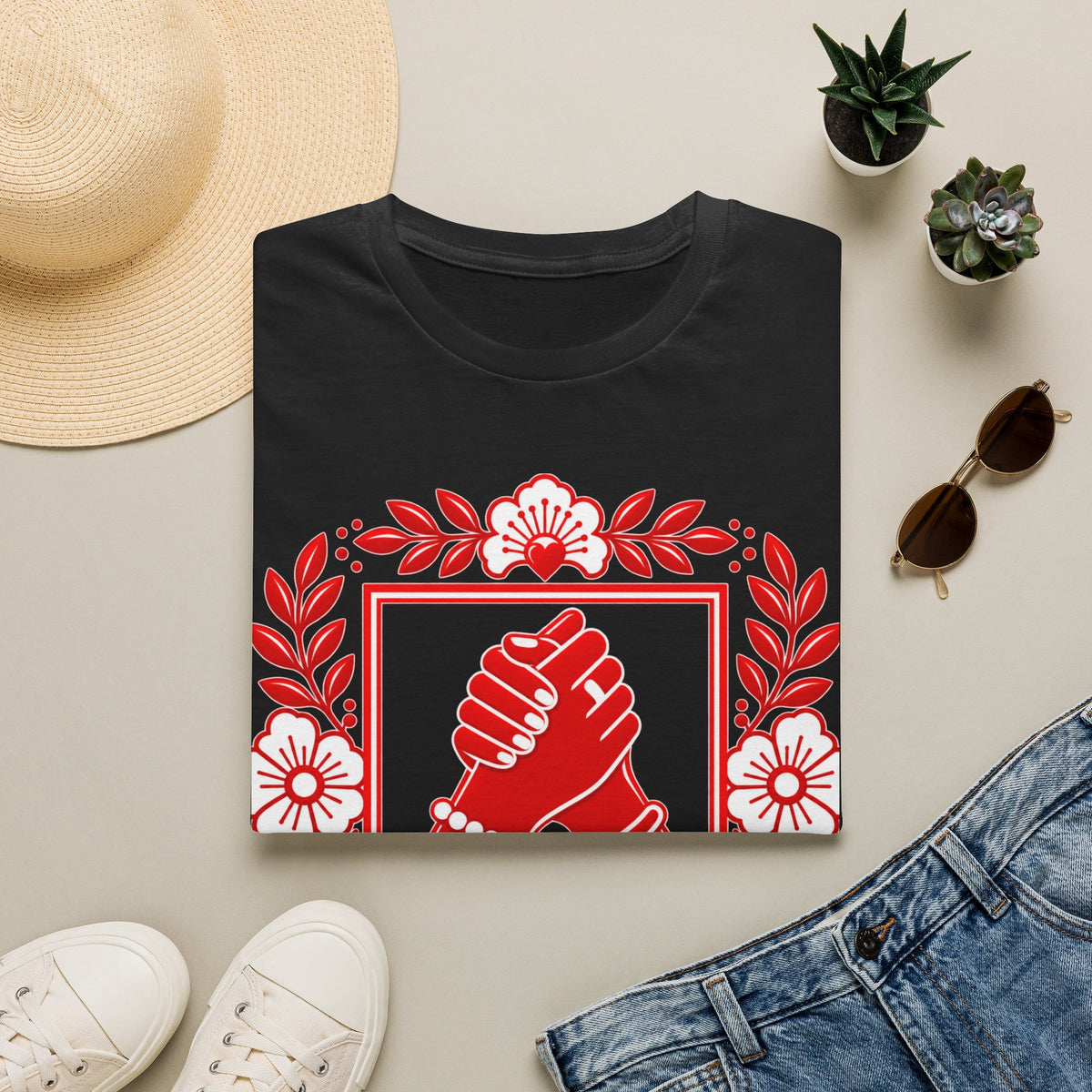 We Rise Together T-Shirt — Red Floral Unity Design