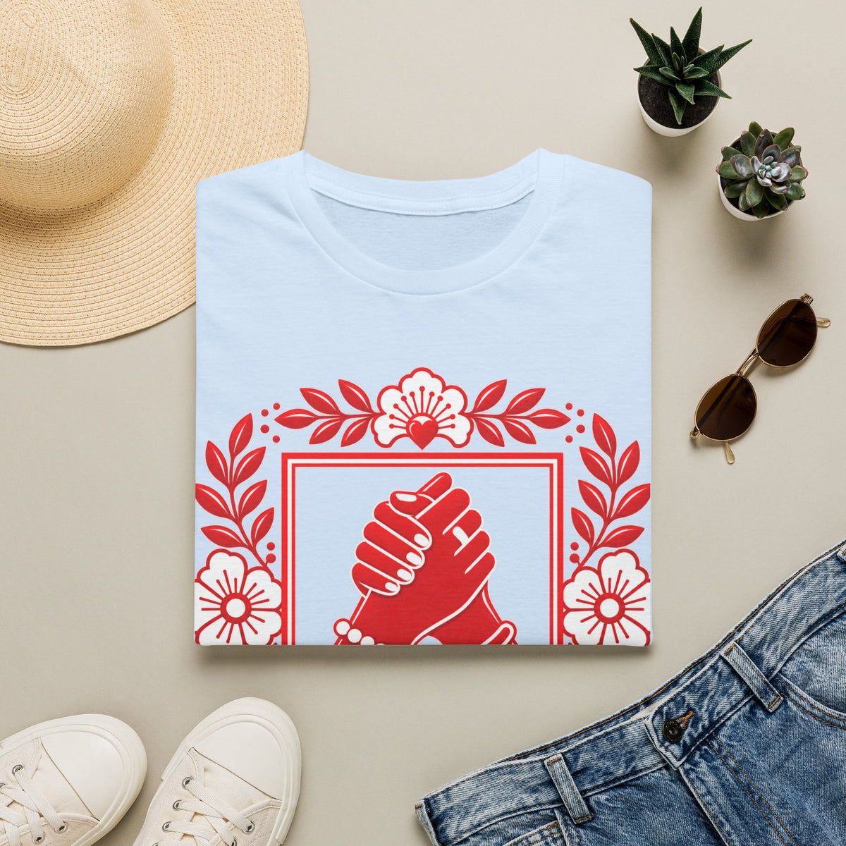 We Rise Together T-Shirt — Red Floral Unity Design