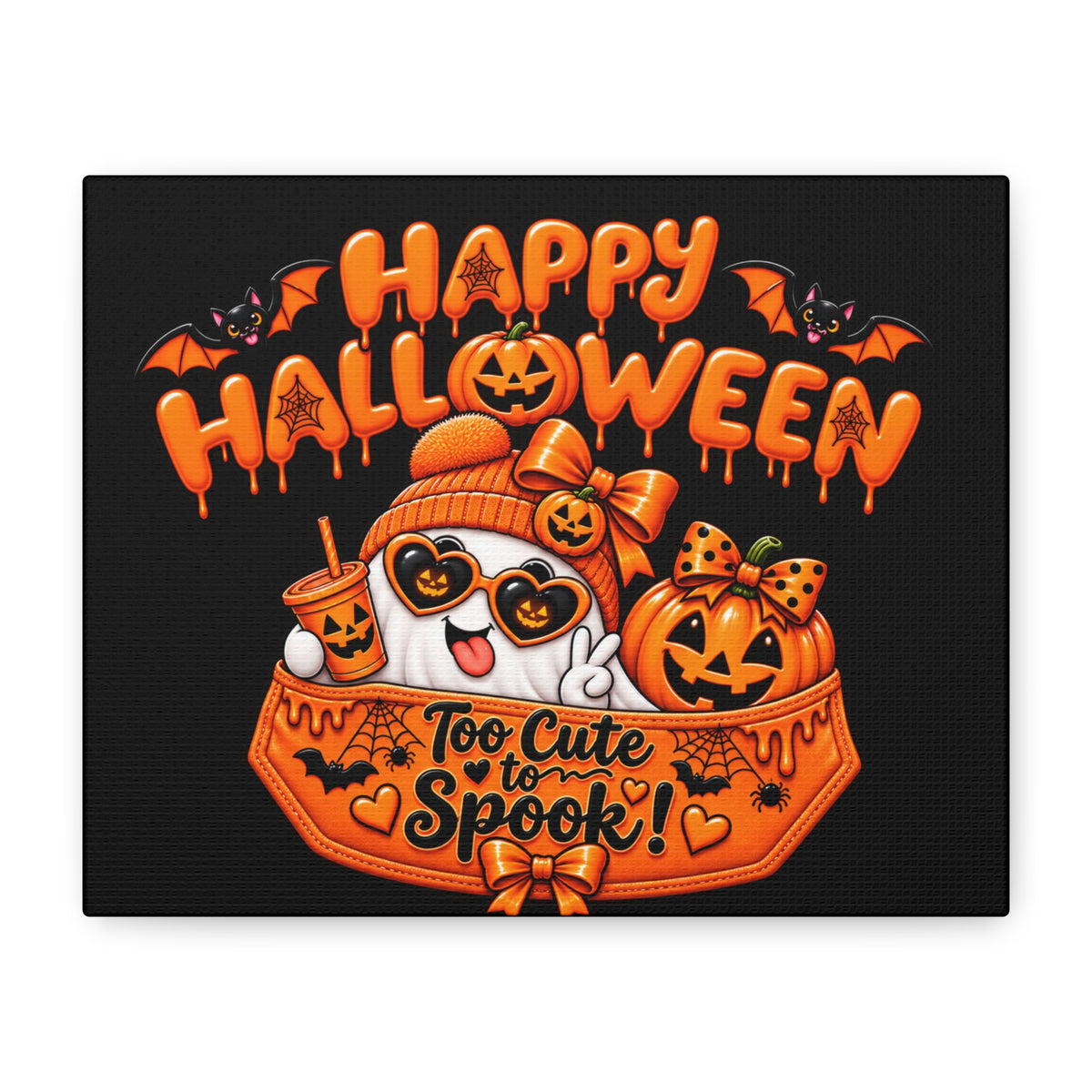 Happy Halloween Canvas — "Too Cute to Spook!" Kawaii Pumpkin Ghost Wall Art