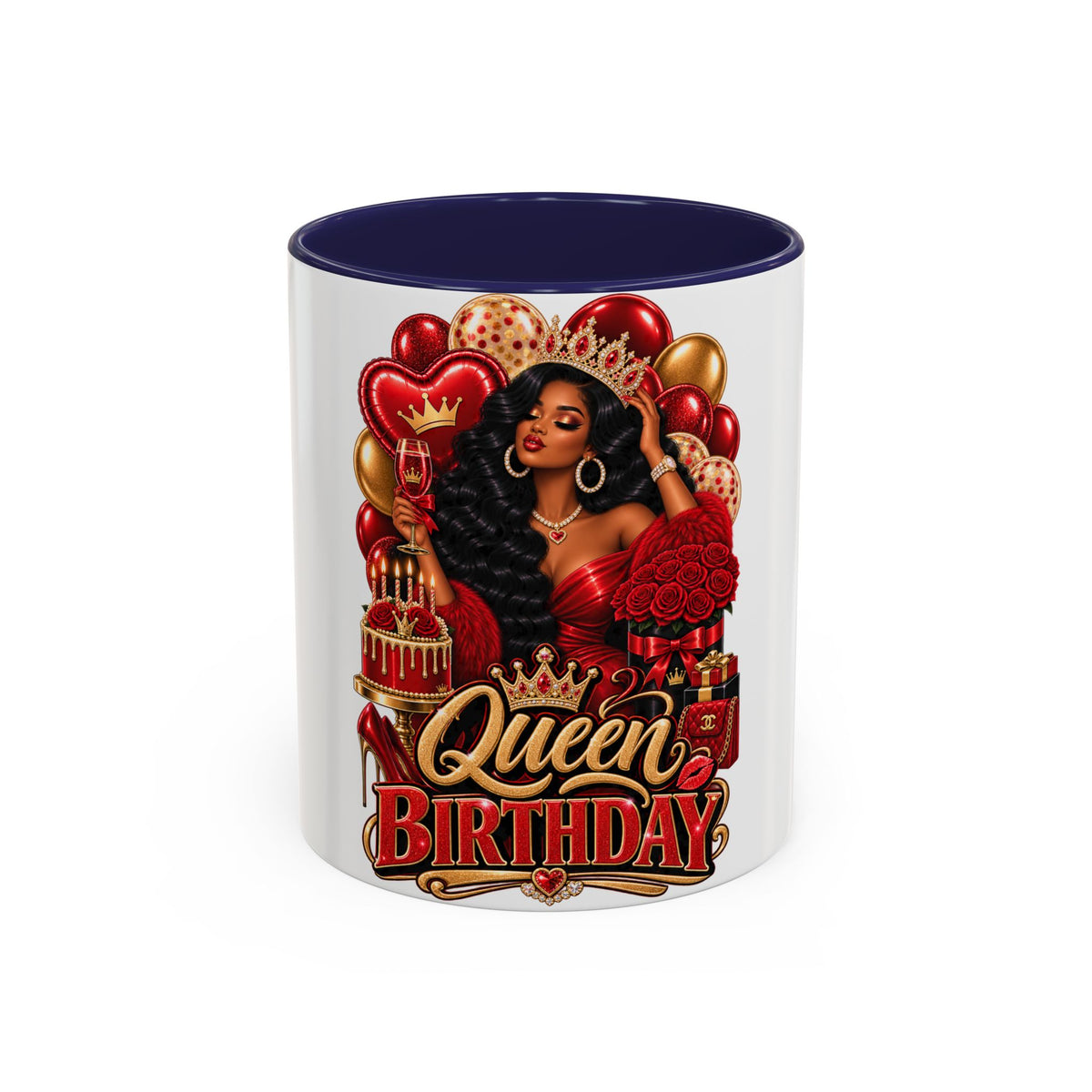 Queen Birthday Coffee Mug — Black Woman Birthday Gift, 'Queen' Red & Gold Accent Mug (11/15oz)