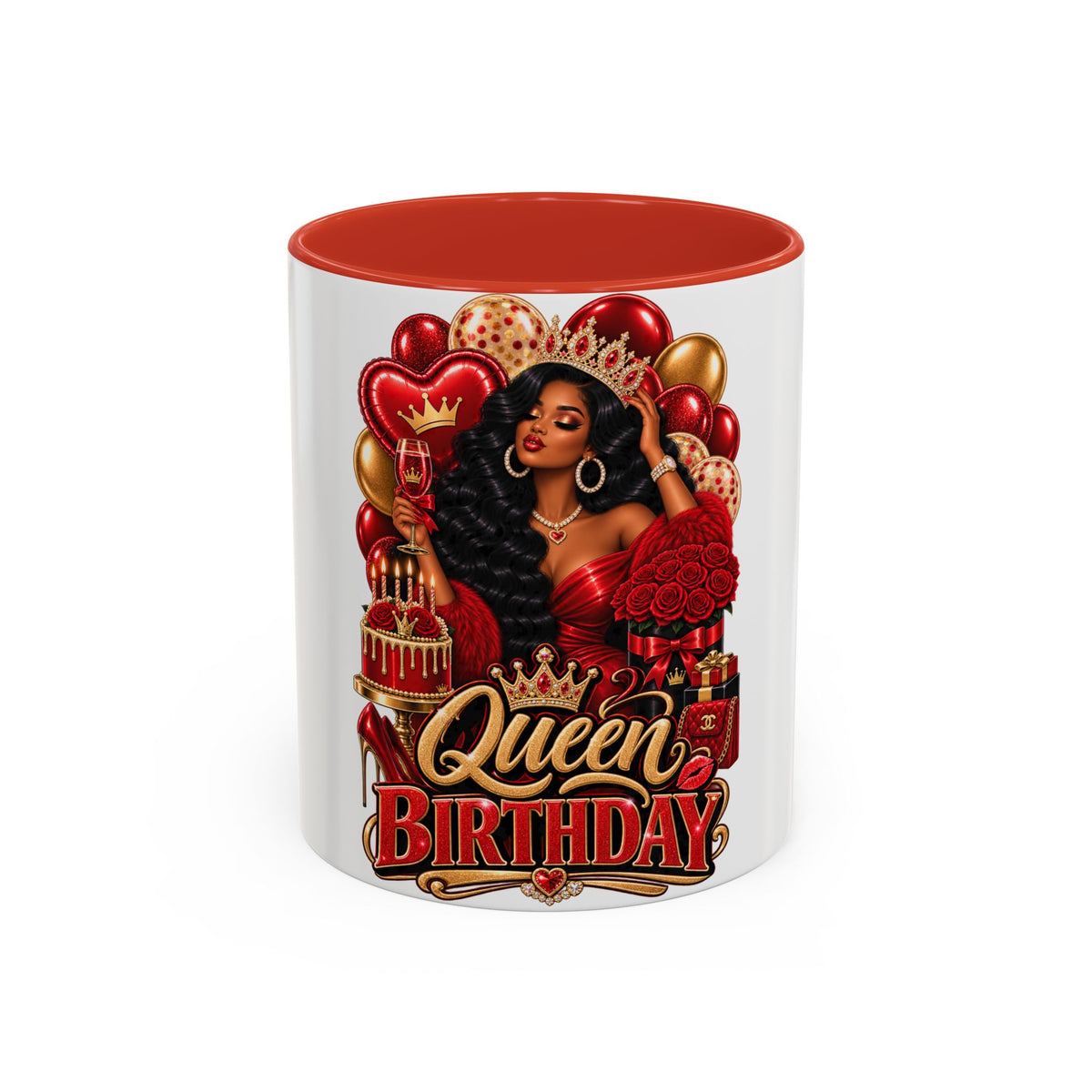 Queen Birthday Coffee Mug — Black Woman Birthday Gift, 'Queen' Red & Gold Accent Mug (11/15oz)