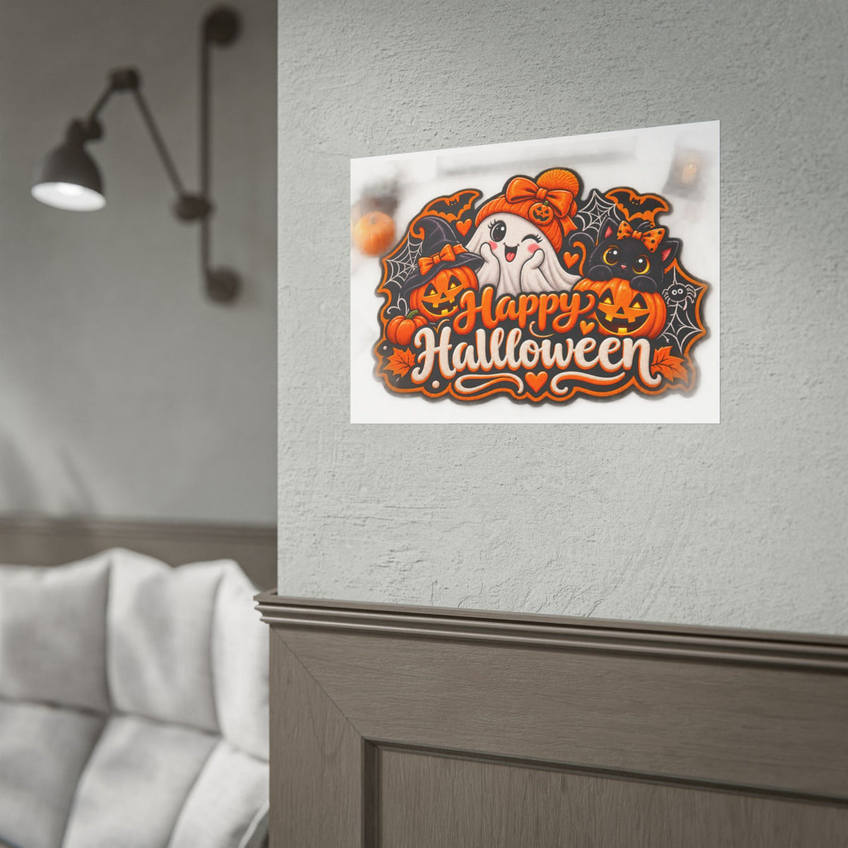 Happy Halloween Rolled Poster — Cute Ghost, Pumpkins & Black Cat Halloween Wall Art