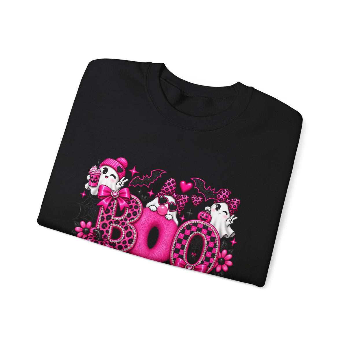 Halloween 'Boo' Graphic Sweatshirt — Cute Pink Ghosts & Bats Cozy Pullover