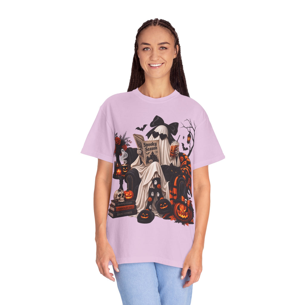 Halloween Ghost Reading T-Shirt — Spooky Pumpkin & 'Spooky Season' Graphic