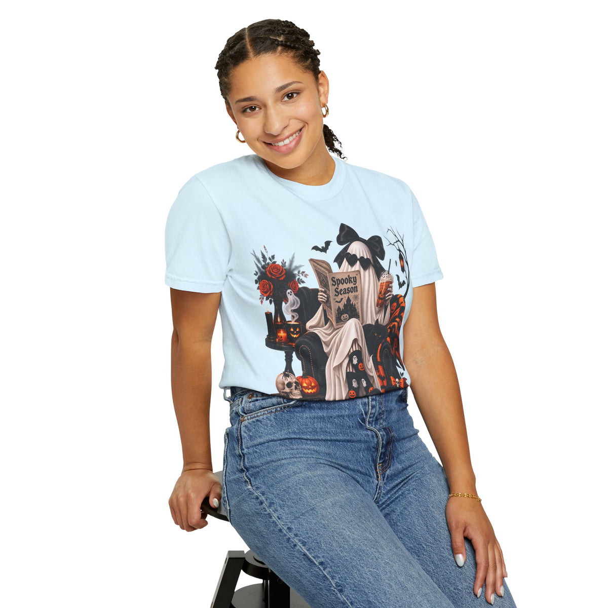 Halloween Ghost Reading T-Shirt — Spooky Pumpkin & 'Spooky Season' Graphic