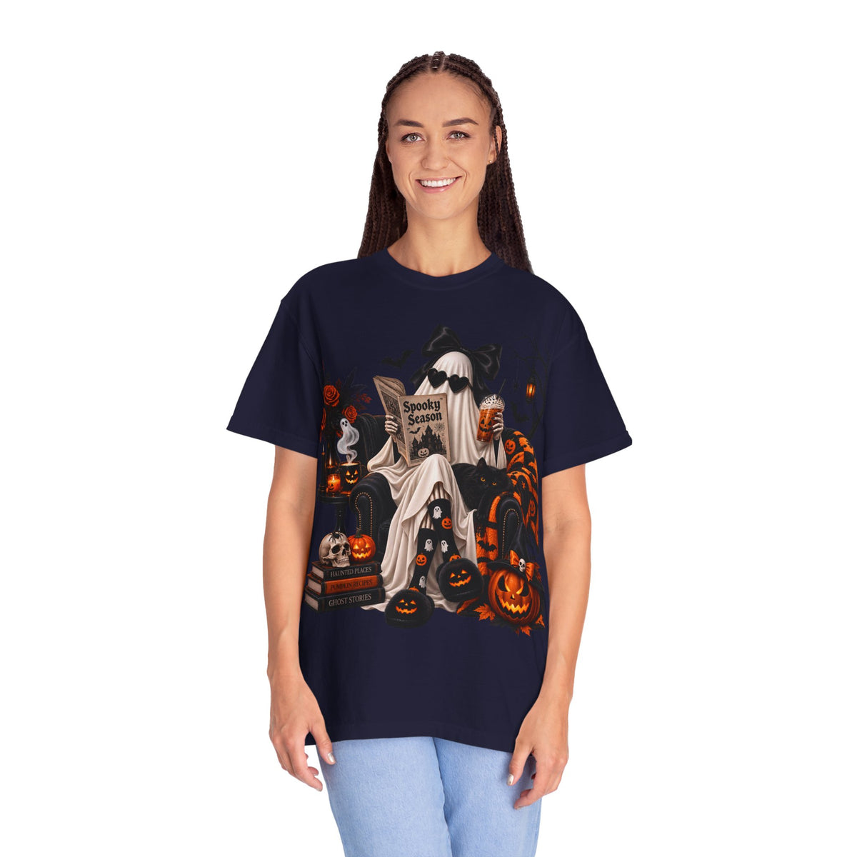 Halloween Ghost Reading T-Shirt — Spooky Pumpkin & 'Spooky Season' Graphic