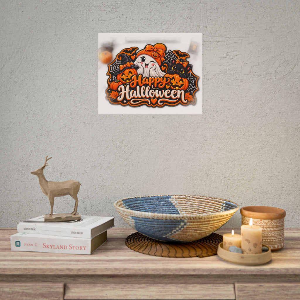 Happy Halloween Rolled Poster — Cute Ghost, Pumpkins & Black Cat Halloween Wall Art