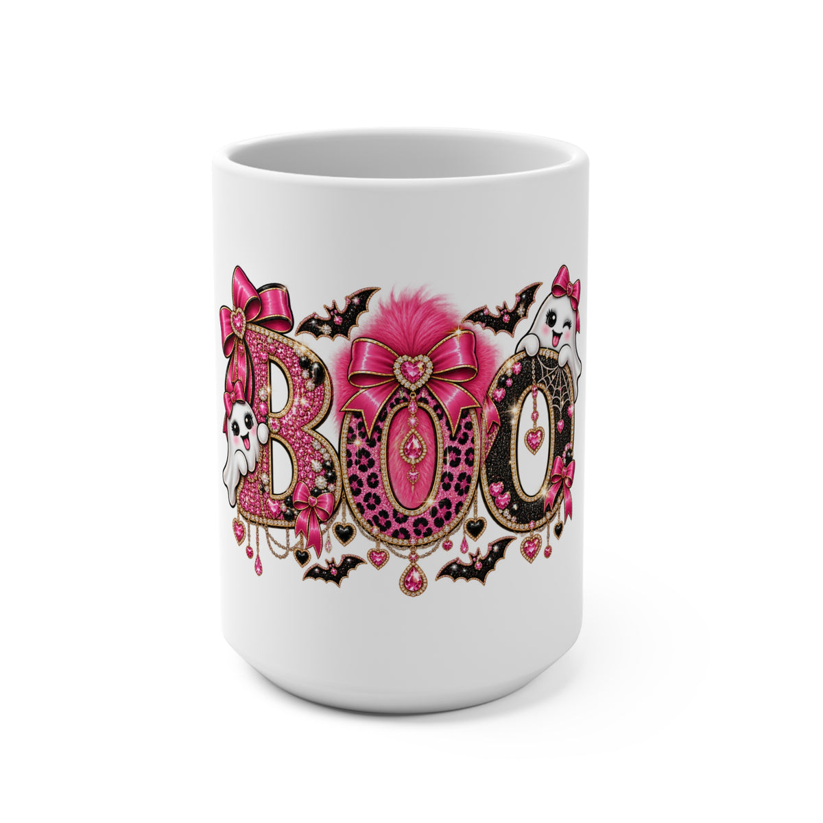 Halloween “Boo” Pink Leopard Ghost Mug — 15oz Cute Goth Coffee Cup