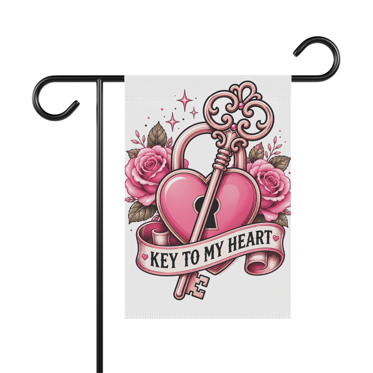 Garden Flag - "Key to My Heart" Romantic Heart & Key Floral Banner (Valentine’s Day, Anniversary)