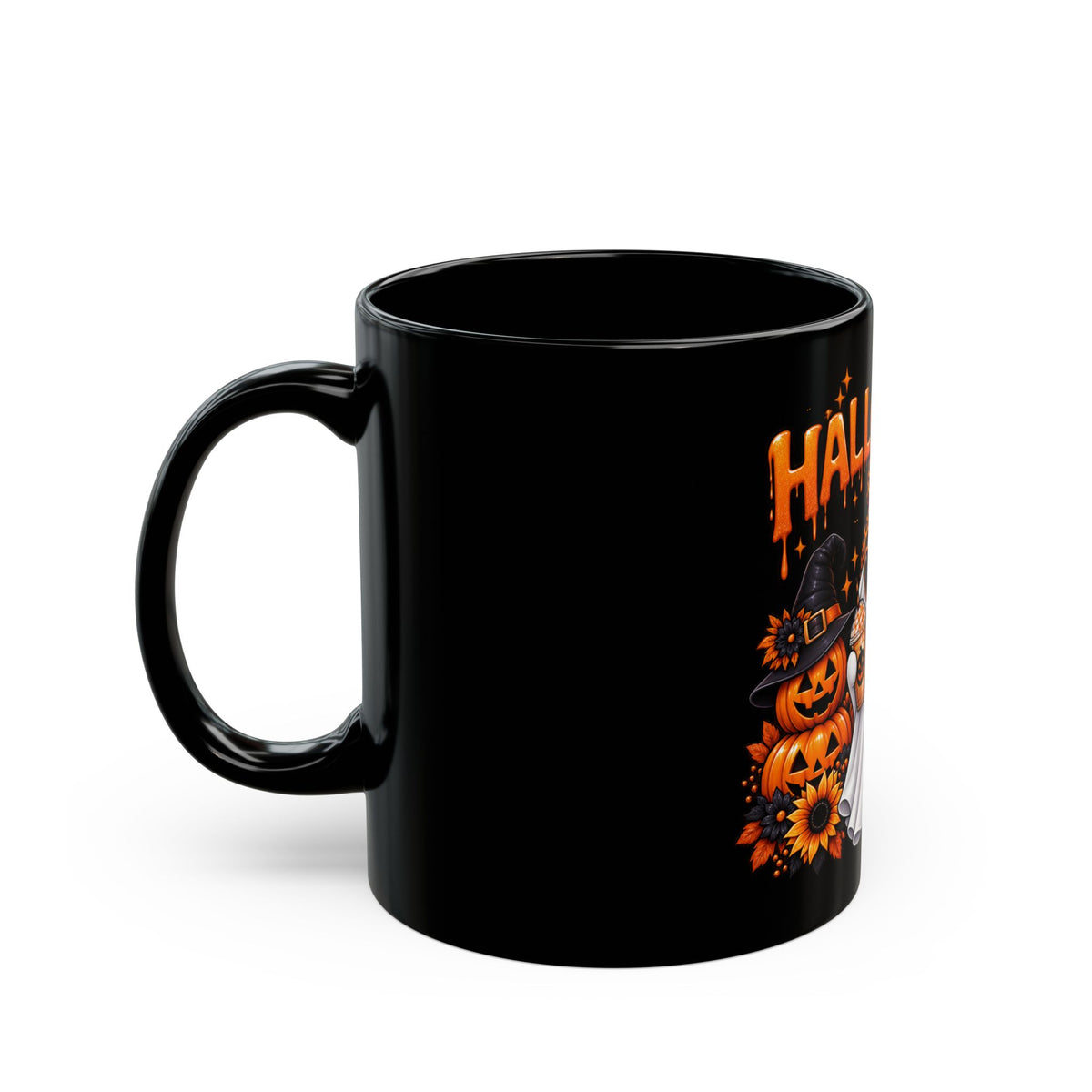 Halloween Ghost & Pumpkins Black Mug – Cute Spooky Coffee Cup (11oz/15oz)