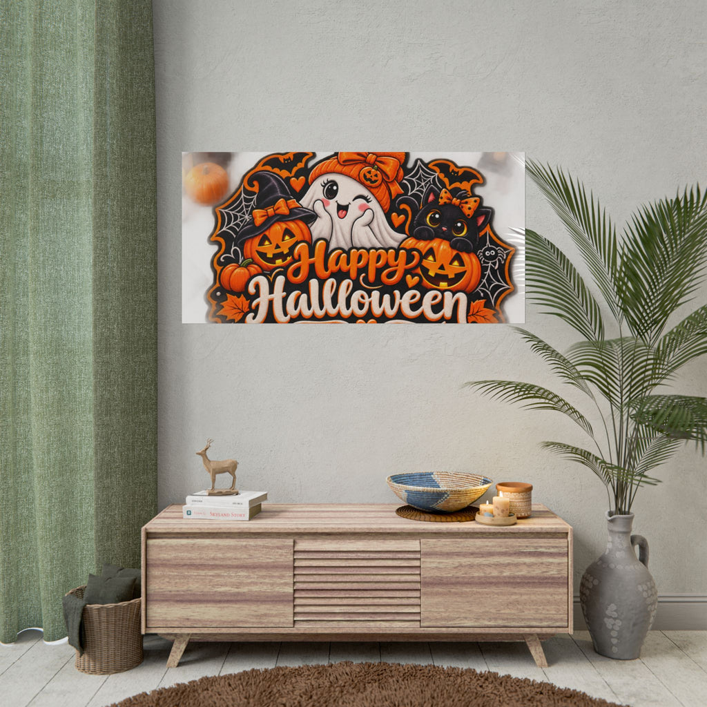 Happy Halloween Rolled Poster — Cute Ghost, Pumpkins & Black Cat Halloween Wall Art