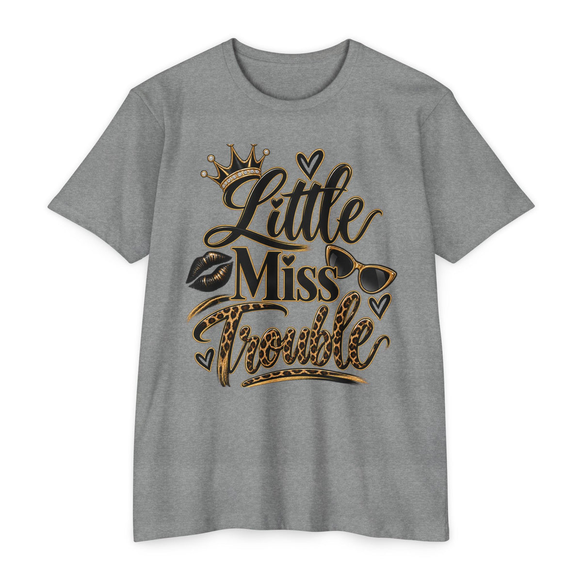 Little Miss Trouble Graphic T-Shirt — Leopard Crown Lip Print