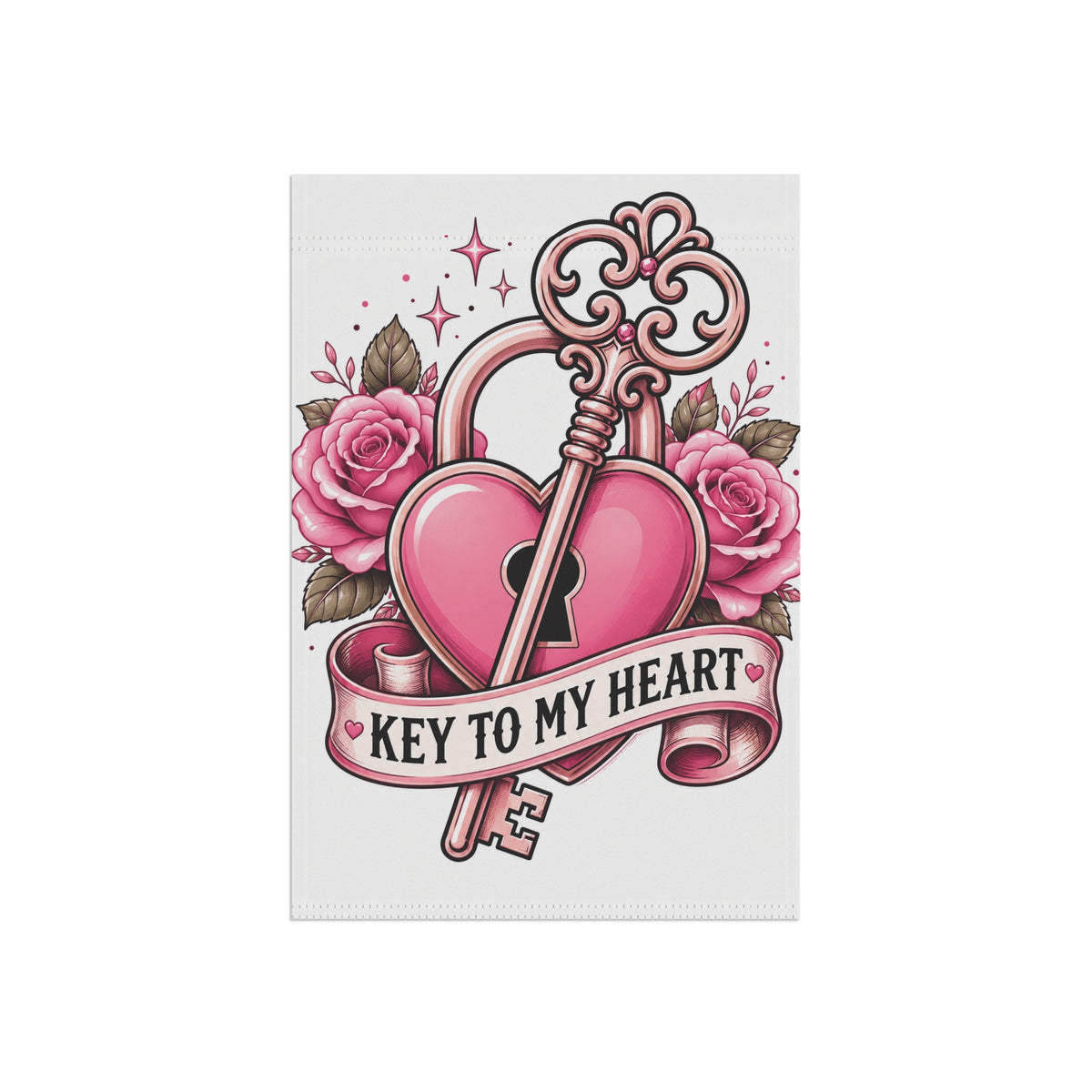 Garden Flag - "Key to My Heart" Romantic Heart & Key Floral Banner (Valentine’s Day, Anniversary)