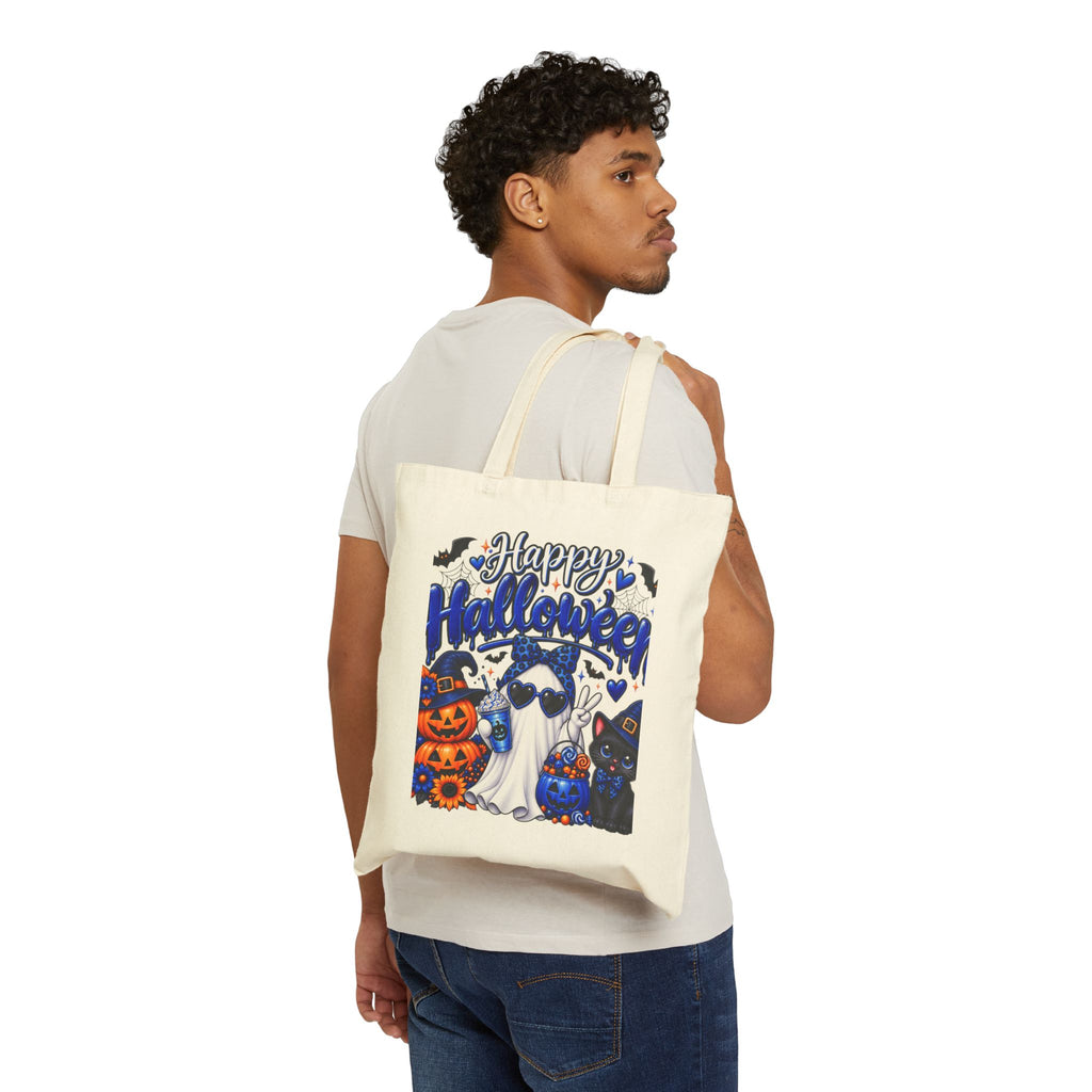 Halloween Ghost & Cats Cotton Tote Bag — "Happy Halloween" Trick-or-Treat Canvas Shopper