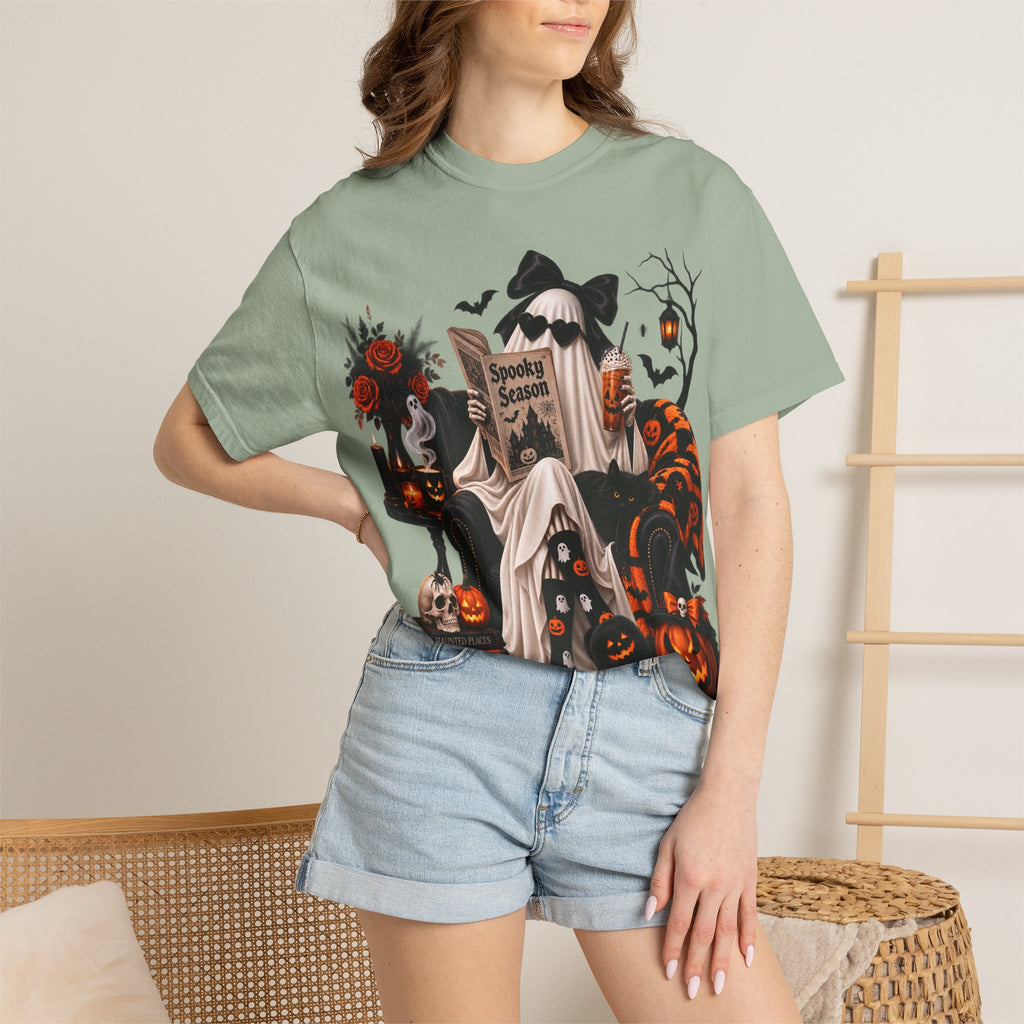 Halloween Ghost Reading T-Shirt — Spooky Pumpkin & 'Spooky Season' Graphic