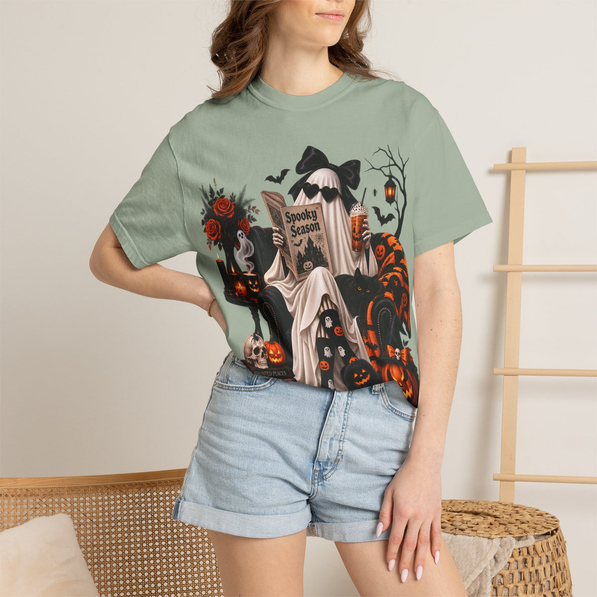 Halloween Ghost Reading T-Shirt — Spooky Pumpkin & 'Spooky Season' Graphic