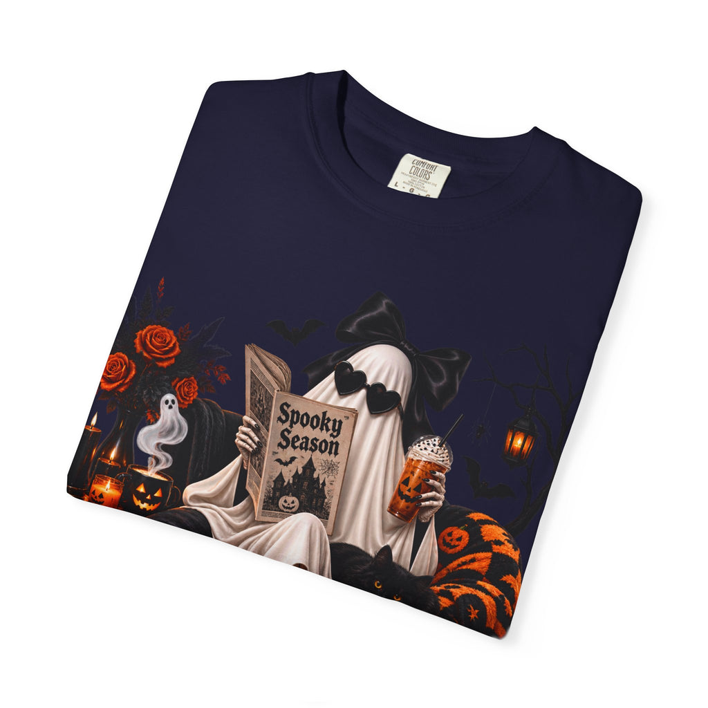 Halloween Ghost Reading T-Shirt — Spooky Pumpkin & 'Spooky Season' Graphic