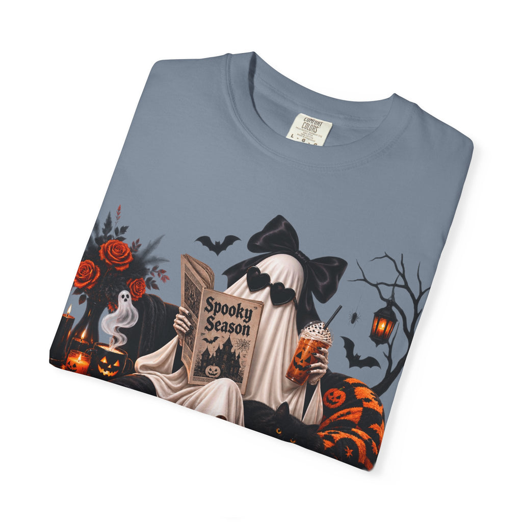 Halloween Ghost Reading T-Shirt — Spooky Pumpkin & 'Spooky Season' Graphic